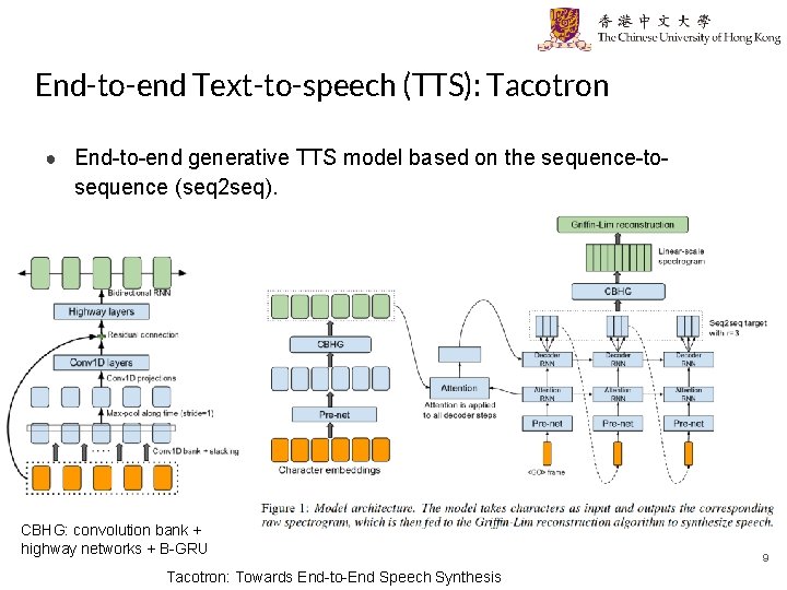 End-to-end Text-to-speech (TTS): Tacotron ● End-to-end generative TTS model based on the sequence-to- sequence