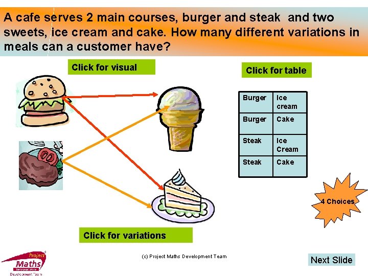 A cafe serves 2 main courses, burger and steak and two sweets, ice cream