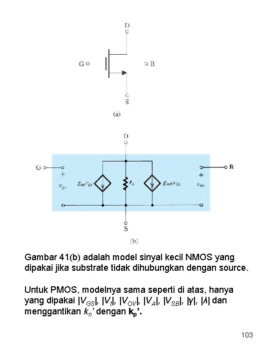 Gambar 41(b) adalah model sinyal kecil NMOS yang dipakai jika substrate tidak dihubungkan dengan