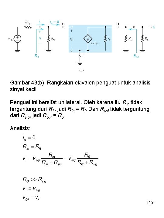 Gambar 43(b). Rangkaian ekivalen penguat untuk analisis sinyal kecil Penguat ini bersifat unilateral. Oleh