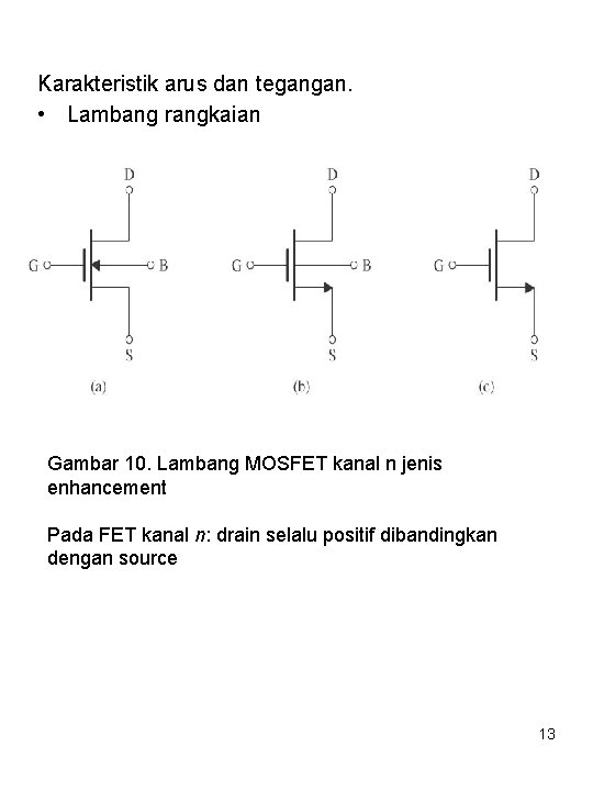 Karakteristik arus dan tegangan. • Lambang rangkaian Gambar 10. Lambang MOSFET kanal n jenis