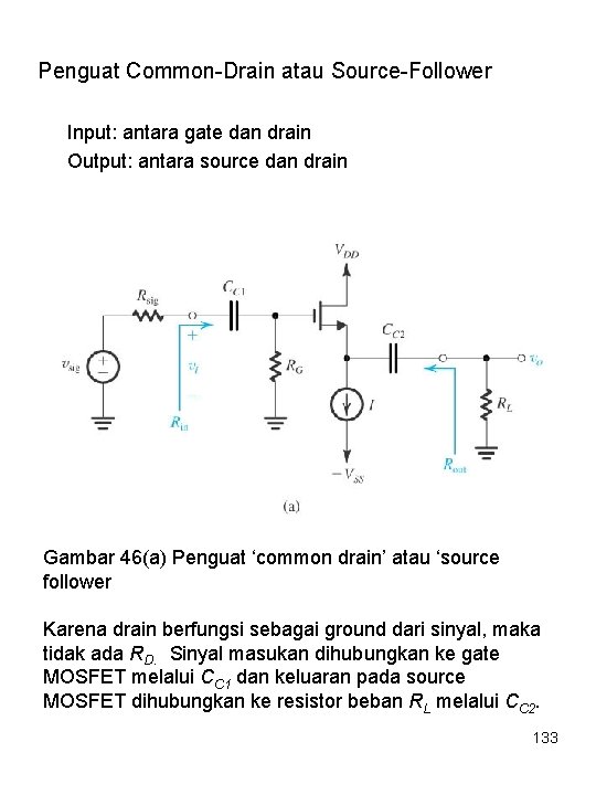 Penguat Common-Drain atau Source-Follower Input: antara gate dan drain Output: antara source dan drain