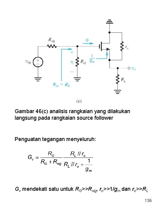 Gambar 46(c) analisis rangkaian yang dilakukan langsung pada rangkaian source follower Penguatan tegangan menyeluruh: