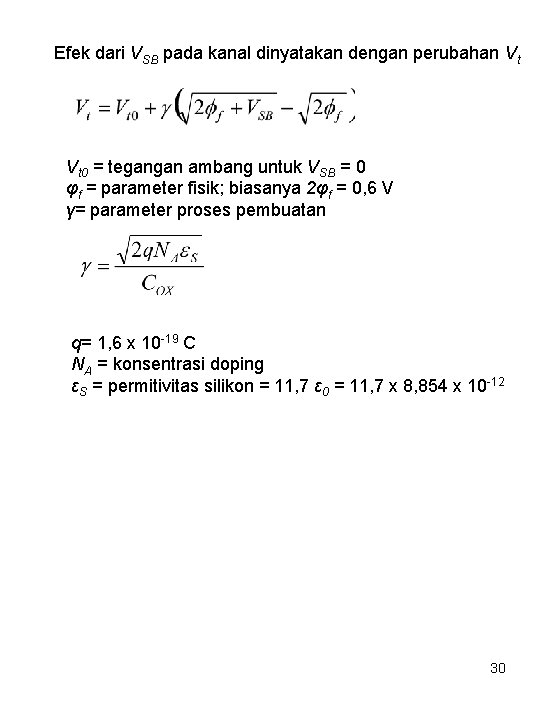Efek dari VSB pada kanal dinyatakan dengan perubahan Vt Vt 0 = tegangan ambang