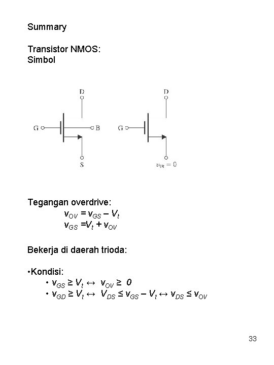 Summary Transistor NMOS: Simbol Tegangan overdrive: v. OV = v. GS – Vt v.