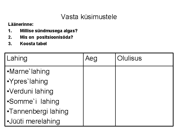 Vasta küsimustele Läänerinne: 1. Millise sündmusega algas? 2. Mis on positsioonisõda? 3. Koosta tabel