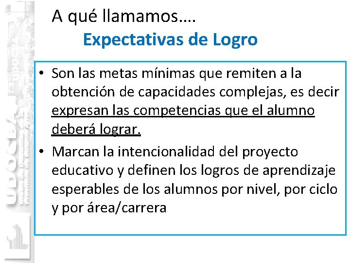  A qué llamamos…. Expectativas de Logro • Son las metas mínimas que remiten