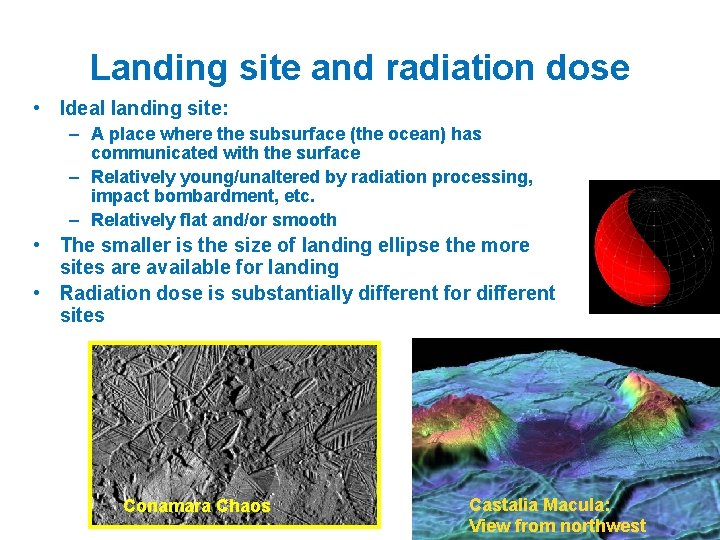 Landing site and radiation dose • Ideal landing site: – A place where the