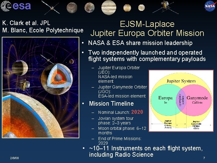 K. Clark et al. JPL M. Blanc, Ecole Polytechnique EJSM-Laplace Jupiter Europa Orbiter Mission
