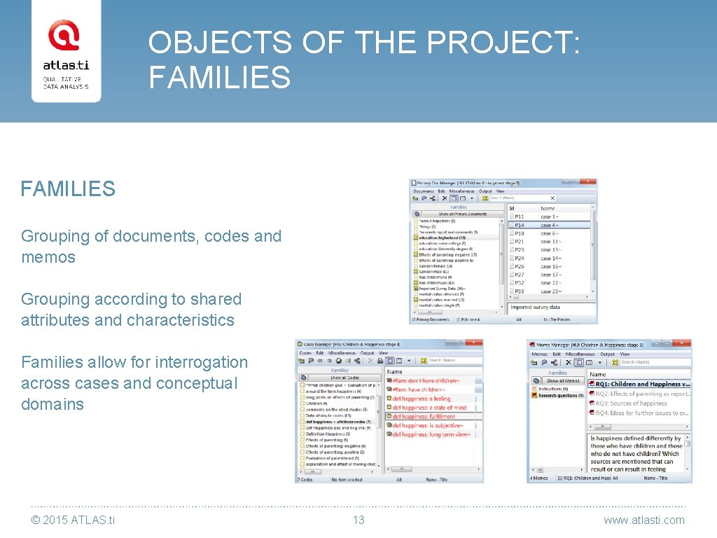 OBJECTS OF THE PROJECT: FAMILIES Grouping of documents, codes and memos Grouping according to