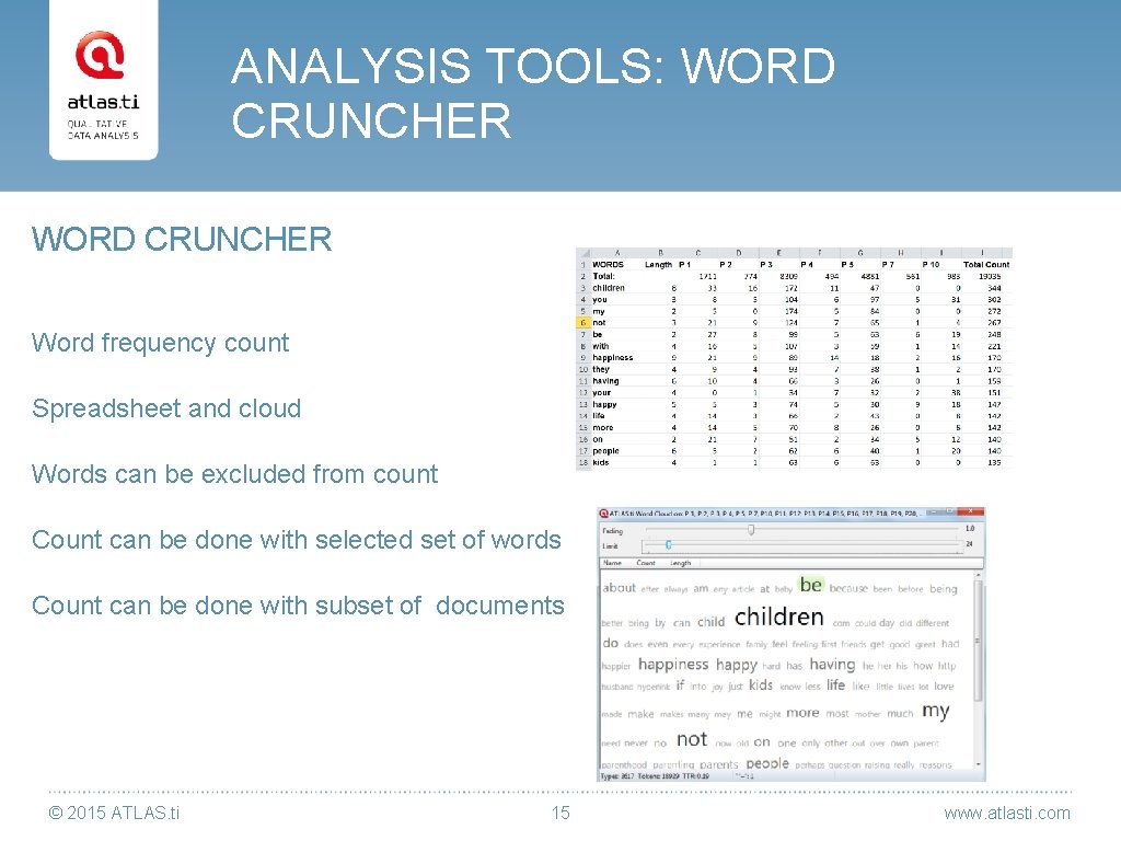 ANALYSIS TOOLS: WORD CRUNCHER Word frequency count Spreadsheet and cloud Words can be excluded