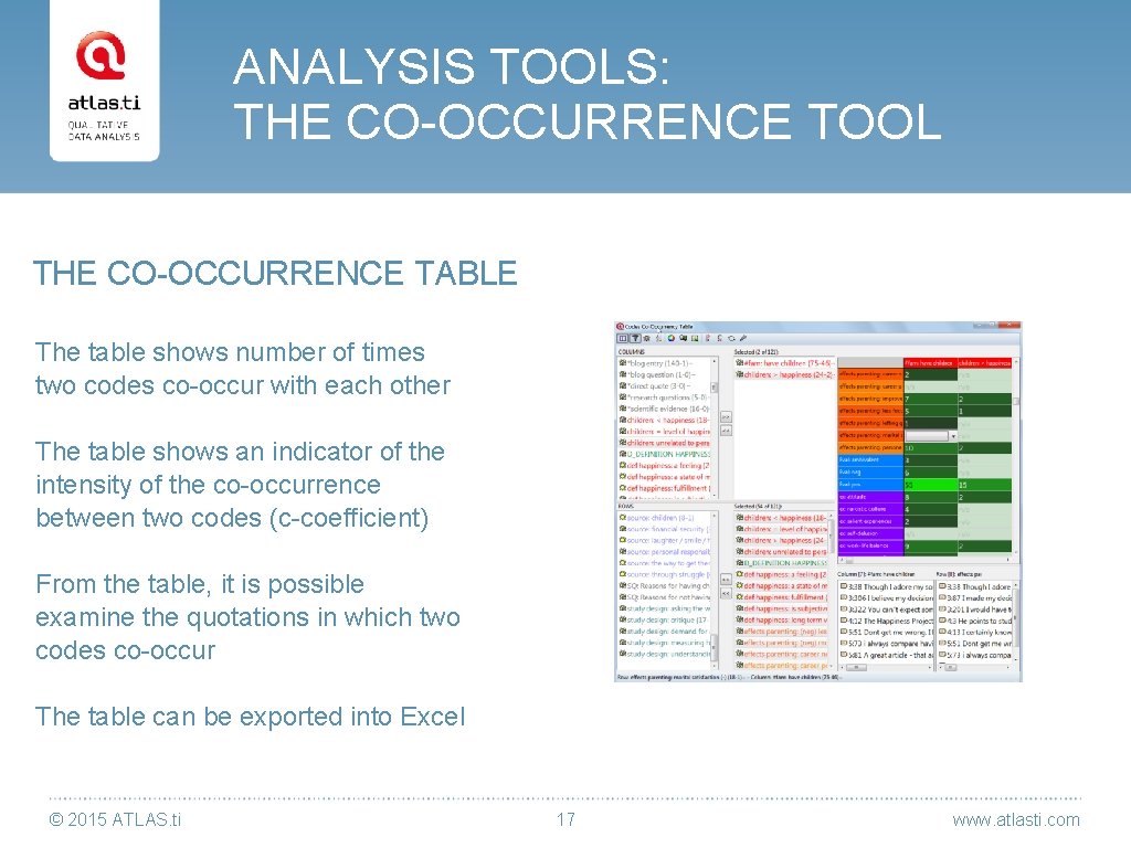 ANALYSIS TOOLS: THE CO-OCCURRENCE TOOL THE CO-OCCURRENCE TABLE The table shows number of times