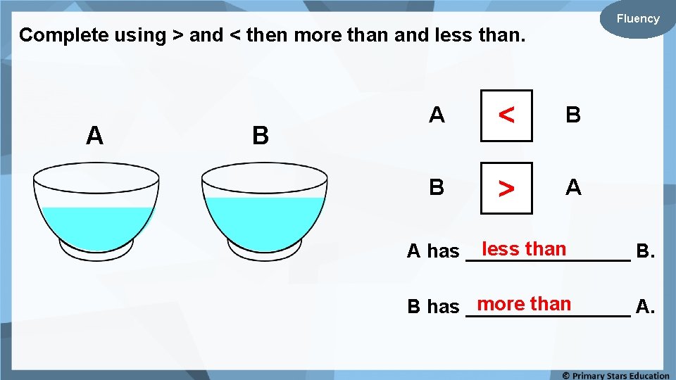 Fluency Complete using > and < then more than and less than. A B