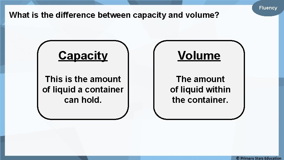 What is the difference between capacity and volume? Capacity Volume This is the amount