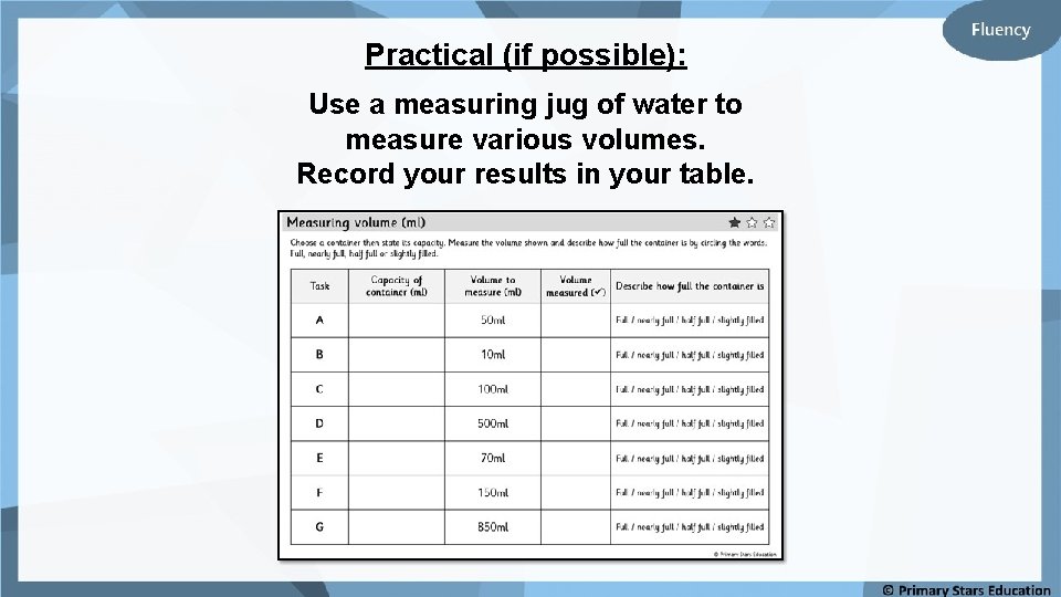 Practical (if possible): Use a measuring jug of water to measure various volumes. Record