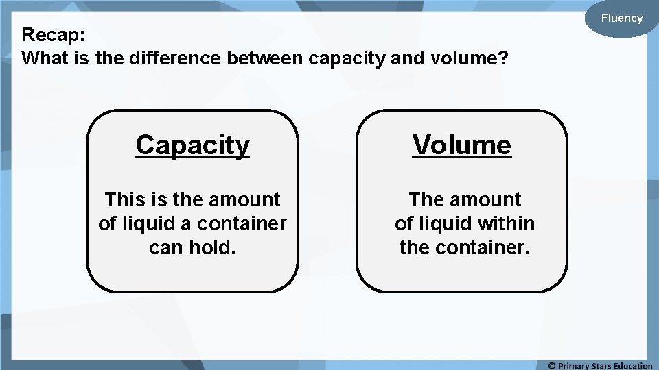 Recap: What is the difference between capacity and volume? Capacity Volume This is the