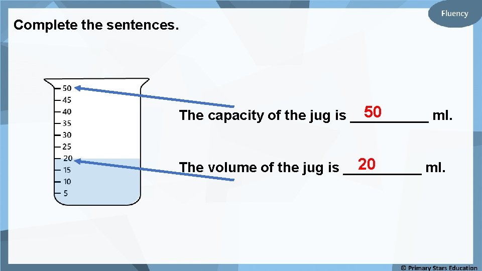 Complete the sentences. 50 The capacity of the jug is _____ ml. 20 The