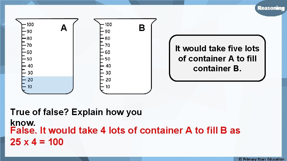 Reasoning A B It would take five lots of container A to fill container