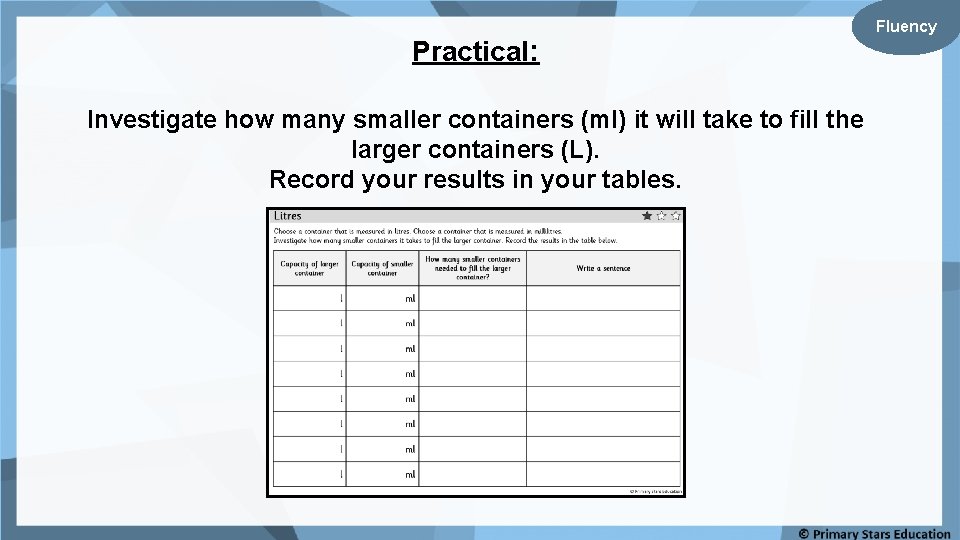 Practical: Investigate how many smaller containers (ml) it will take to fill the larger