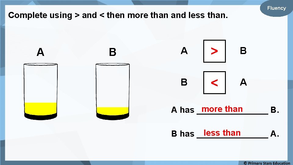 Fluency Complete using > and < then more than and less than. A B