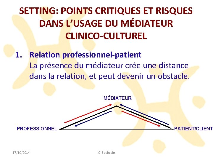 SETTING: POINTS CRITIQUES ET RISQUES DANS L’USAGE DU MÉDIATEUR CLINICO-CULTUREL 1. Relation professionnel-patient La