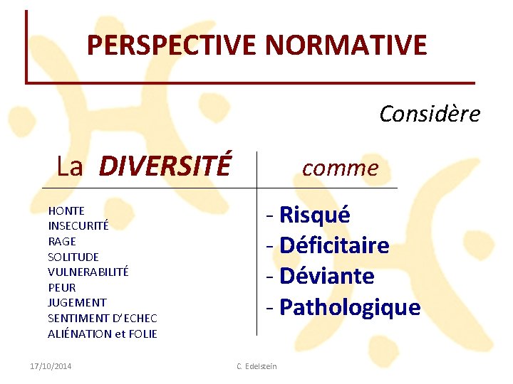 PERSPECTIVE NORMATIVE Considère La DIVERSITÉ comme HONTE INSECURITÉ RAGE SOLITUDE VULNERABILITÉ PEUR JUGEMENT SENTIMENT