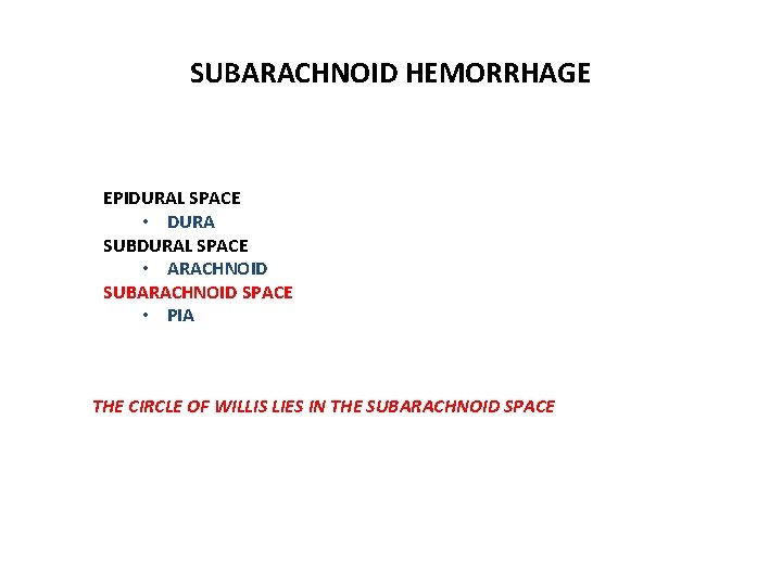 SUBARACHNOID HEMORRHAGE EPIDURAL SPACE • DURA SUBDURAL SPACE • ARACHNOID SUBARACHNOID SPACE • PIA