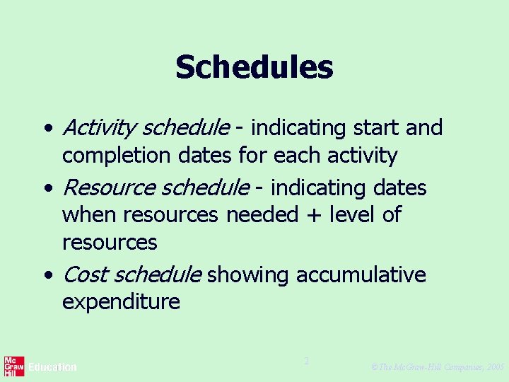 Schedules • Activity schedule - indicating start and completion dates for each activity •