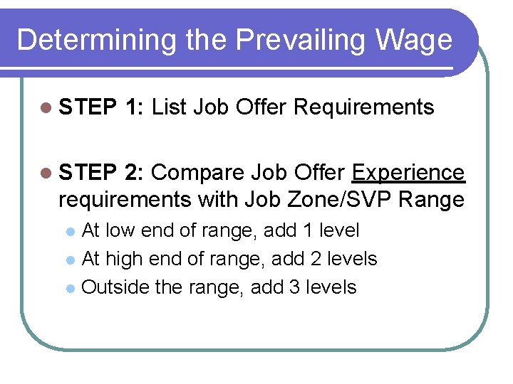 Determining the Prevailing Wage l STEP 1: List Job Offer Requirements l STEP 2: