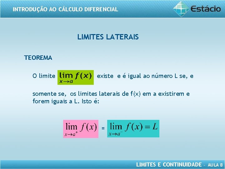 INTRODUÇÃO AO CÁLCULO DIFERENCIAL LIMITES LATERAIS TEOREMA O limite existe e é igual ao