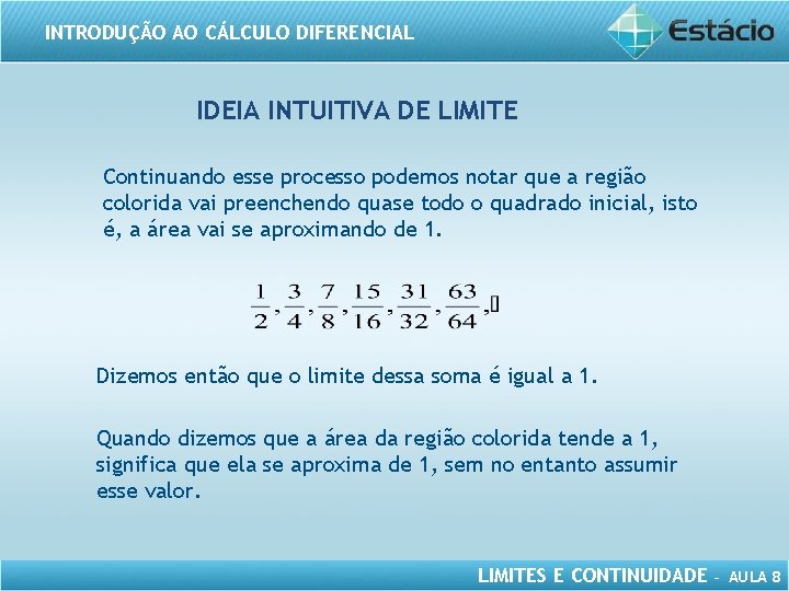 INTRODUÇÃO AO CÁLCULO DIFERENCIAL IDEIA INTUITIVA DE LIMITE Continuando esse processo podemos notar que