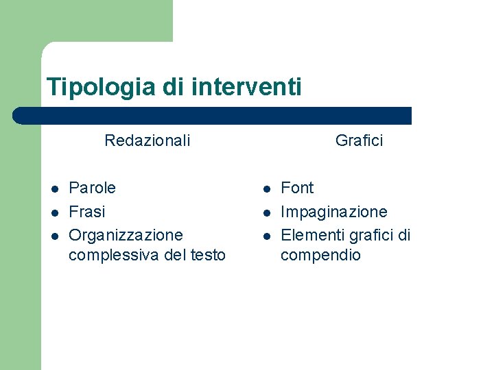 Tipologia di interventi Redazionali l l l Parole Frasi Organizzazione complessiva del testo Grafici