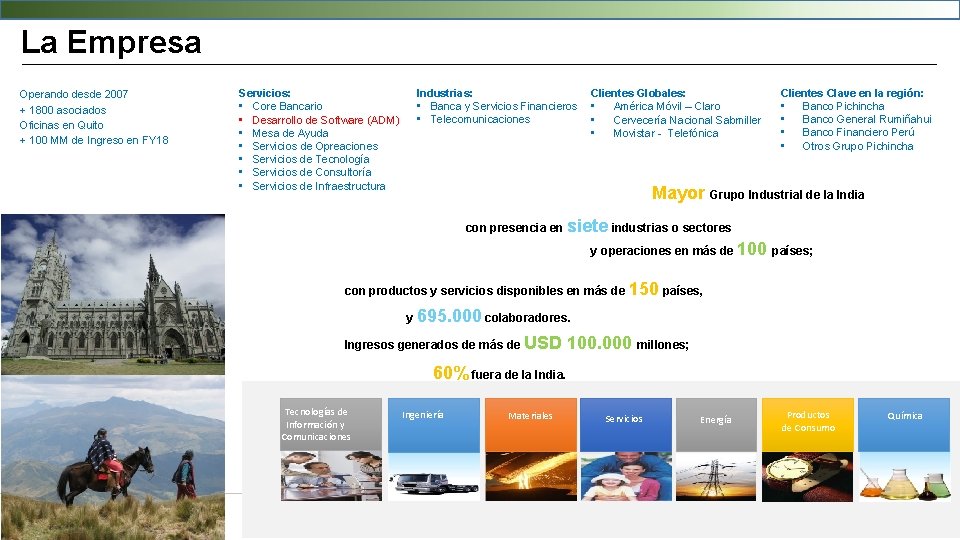 La Empresa Operando desde 2007 + 1800 asociados Oficinas en Quito + 100 MM