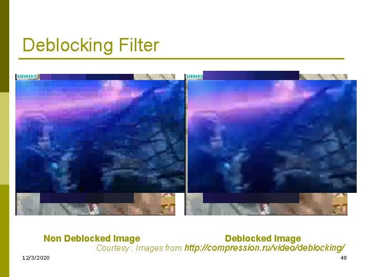 Deblocking Filter Non Deblocked Image Courtesy : Images from http: //compression. ru/video/deblocking/ 12/3/2020 48 Deblocking Filter Non Deblocked Image Courtesy : Images from http: //compression. ru/video/deblocking/ 12/3/2020 48