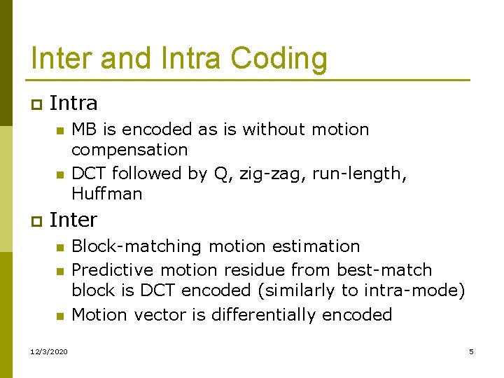 Inter and Intra Coding p Intra n n p MB is encoded as is Inter and Intra Coding p Intra n n p MB is encoded as is
