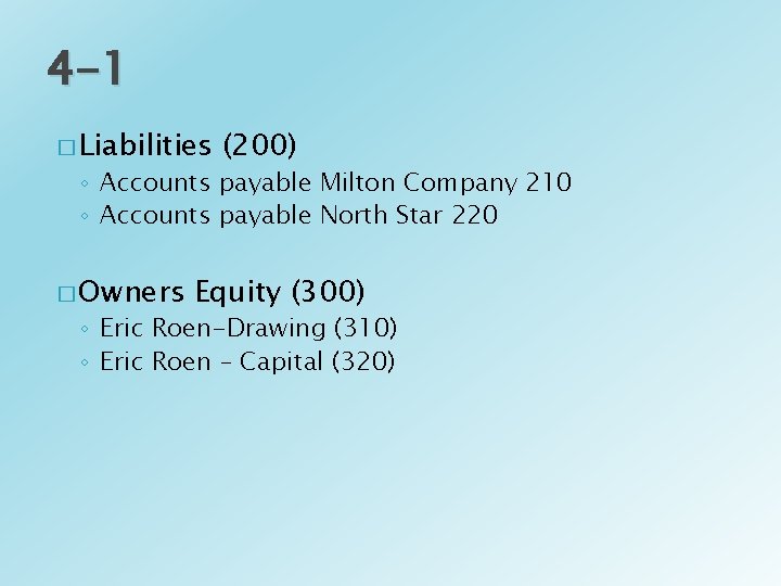 4 -1 � Liabilities (200) ◦ Accounts payable Milton Company 210 ◦ Accounts payable 4 -1 � Liabilities (200) ◦ Accounts payable Milton Company 210 ◦ Accounts payable