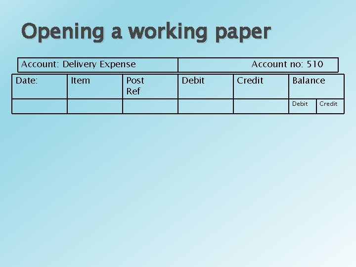 Opening a working paper Account: Delivery Expense Date: Item Post Ref Account no: 510 Opening a working paper Account: Delivery Expense Date: Item Post Ref Account no: 510