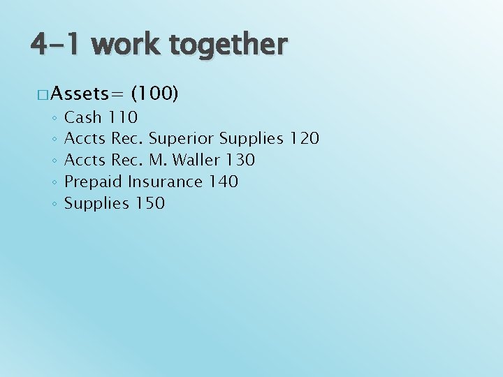 4 -1 work together � Assets= ◦ ◦ ◦ (100) Cash 110 Accts Rec. 4 -1 work together � Assets= ◦ ◦ ◦ (100) Cash 110 Accts Rec.