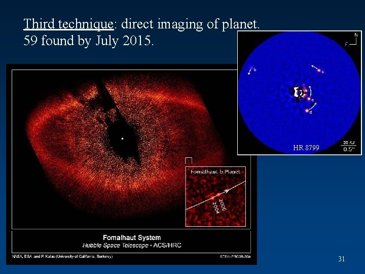 Third technique: direct imaging of planet. 59 found by July 2015. HR 8799 31