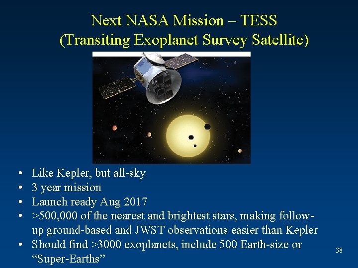 Next NASA Mission – TESS (Transiting Exoplanet Survey Satellite) • • Like Kepler, but