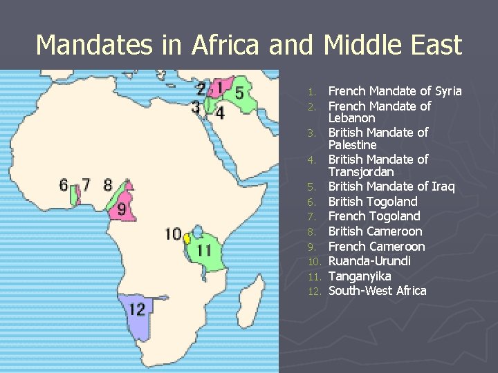 Mandates in Africa and Middle East 1. 2. 3. 4. 5. 6. 7. 8.