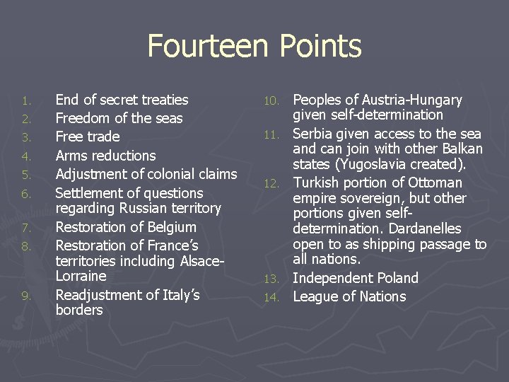 Fourteen Points 1. 2. 3. 4. 5. 6. 7. 8. 9. End of secret