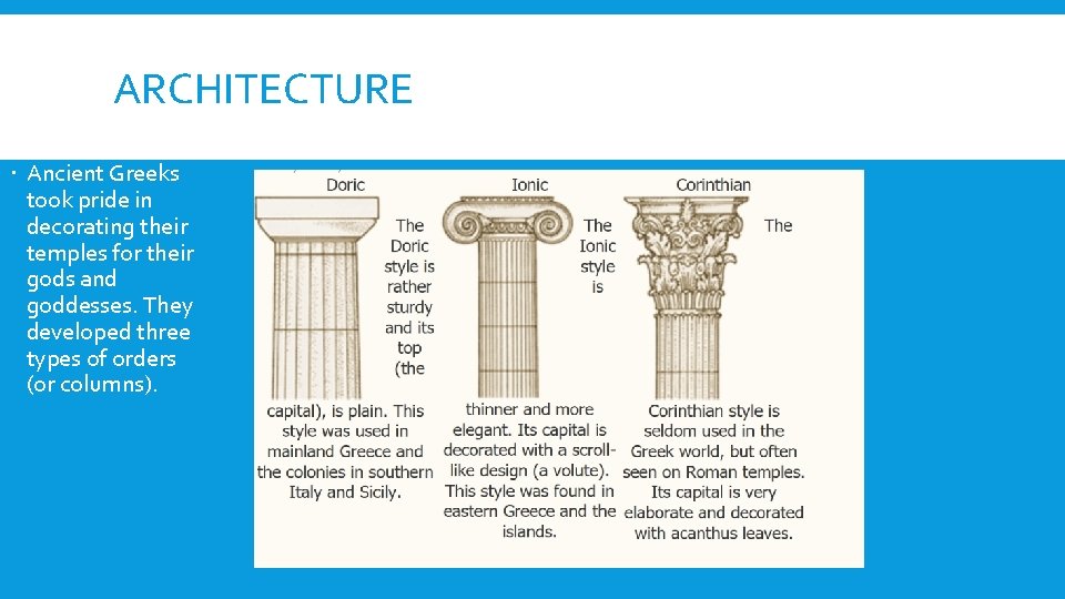 ARCHITECTURE Ancient Greeks took pride in decorating their temples for their gods and goddesses.