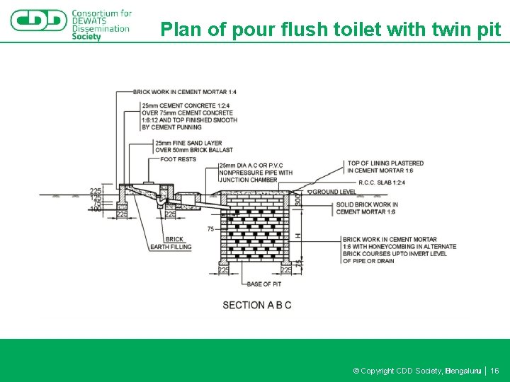 Plan of pour flush toilet with twin pit © Copyright CDD Society, Bengaluru │