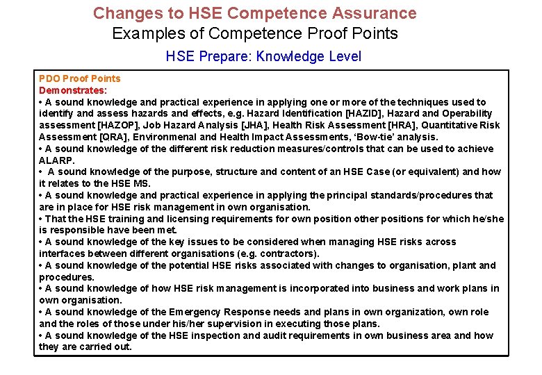 Changes to HSE Competence Assurance Examples of Competence Proof Points HSE Prepare: Knowledge Level