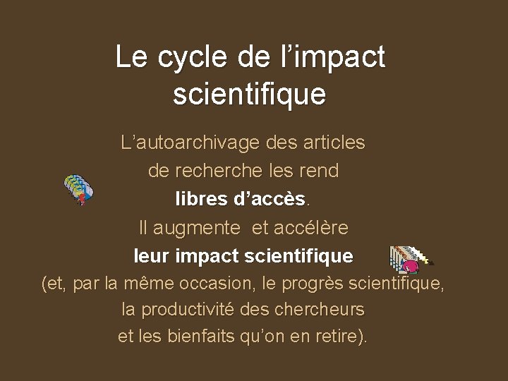 Le cycle de l’impact scientifique L’autoarchivage des articles de recherche les rend libres d’accès.