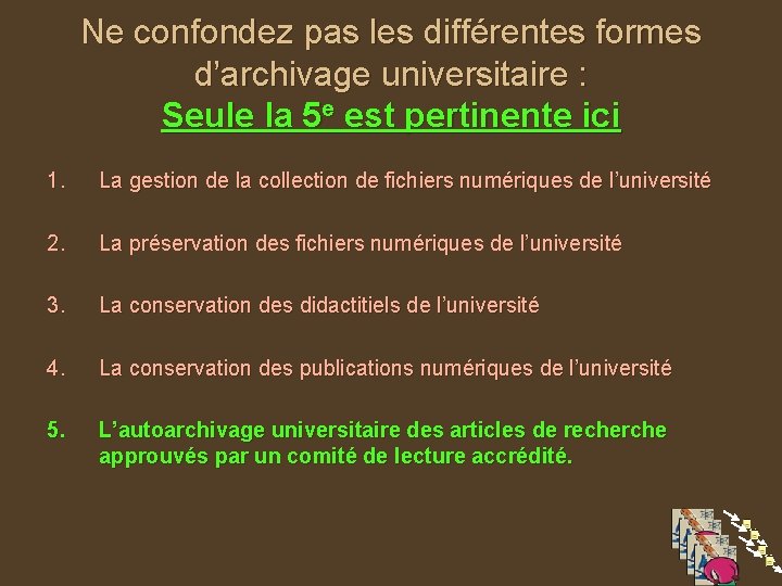 Ne confondez pas les différentes formes d’archivage universitaire : Seule la 5 e est