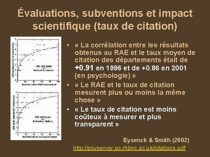 Évaluations, subventions et impact scientifique (taux de citation) • « La corrélation entre les