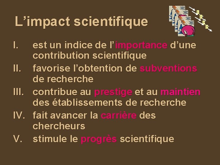 L’impact scientifique I. est un indice de l’importance d’une contribution scientifique II. favorise l’obtention