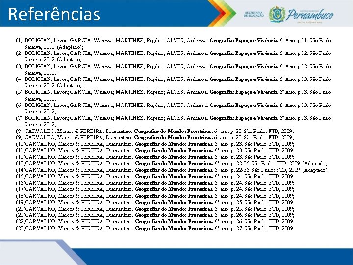 Referências (1) BOLIGIAN, Levon; GARCIA, Wanessa; MARTINEZ, Rogério; ALVES, Andressa. Geografia: Espaço e Vivência.